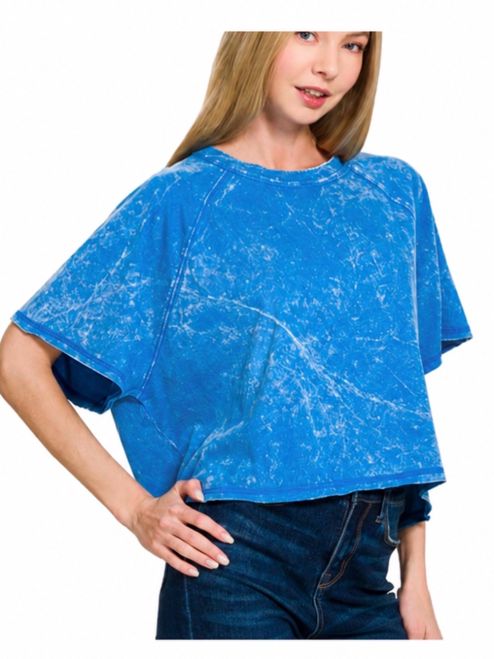 NEW Zenana Ocean Blue Acid Wash Crop Tee Oversized Cotton Top